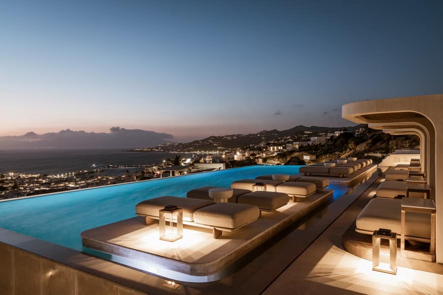 Lovia Mykonos infinity pool at blue hour